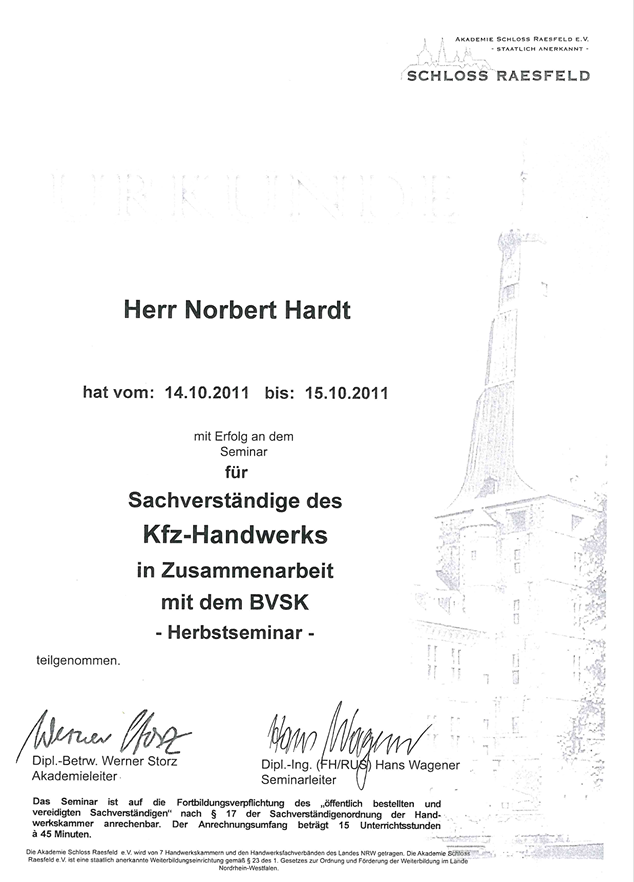 Zertifikat Schloss Raesfeld