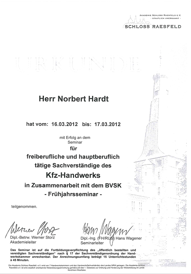 Zertifikat Schloss Raesfeld