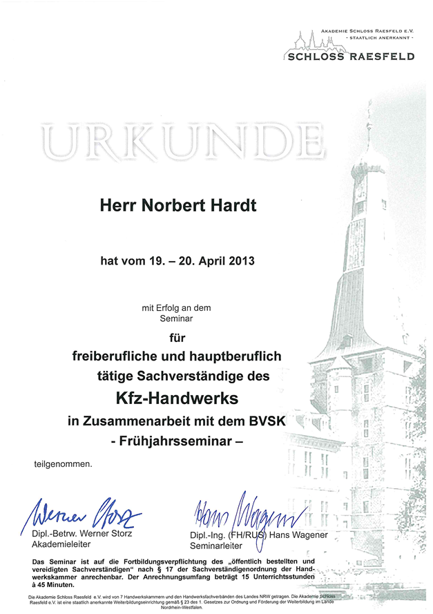 Zertifikat Schloss Raesfeld