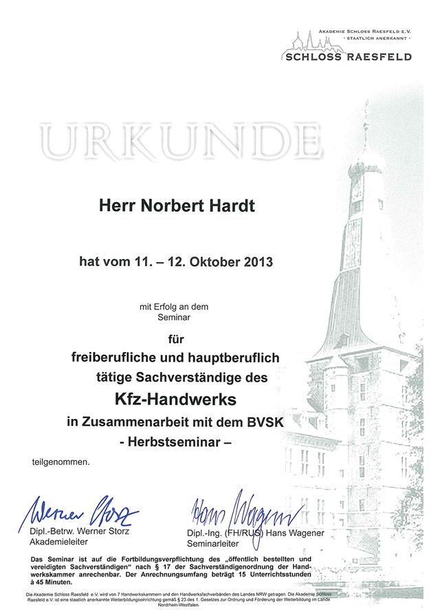 Zertifikat Schloss Raesfeld