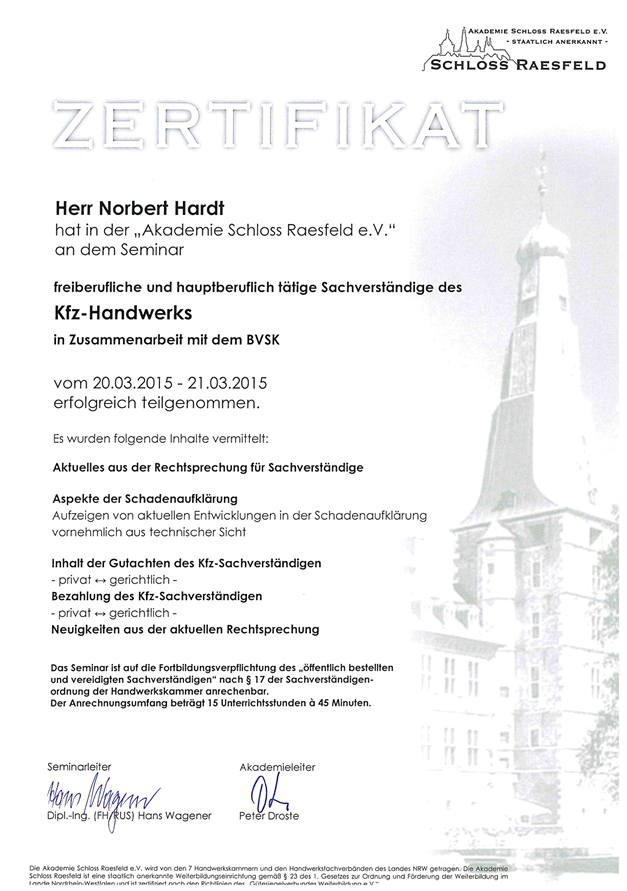 Zertifikat Schloss Raesfeld