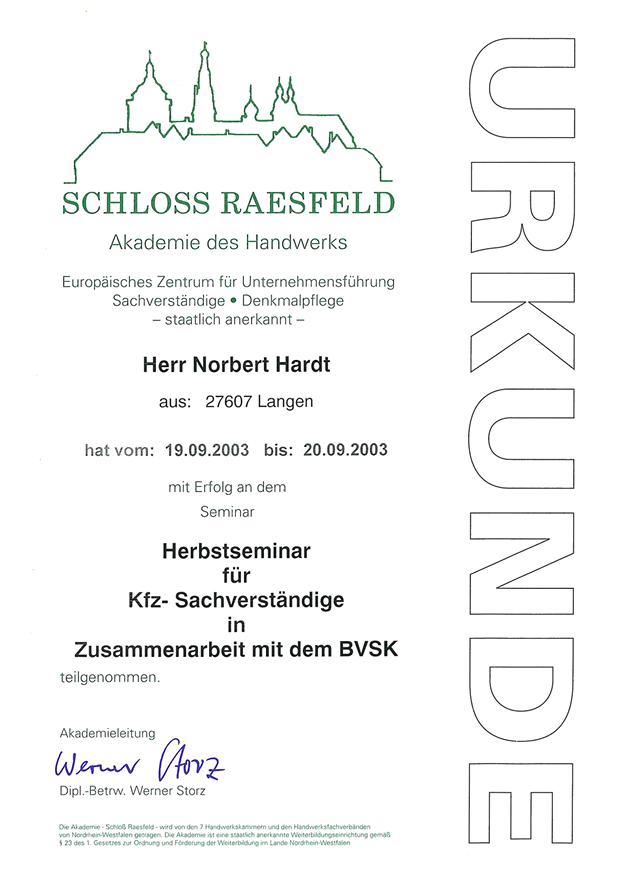 Zertifikat Schloss Raesfeld