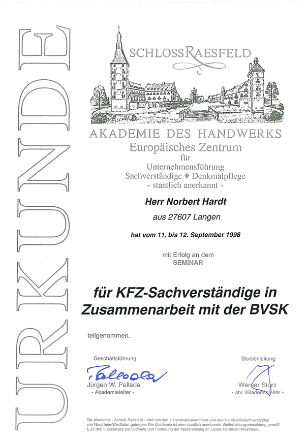 Zertifikat Schloss Raesfeld