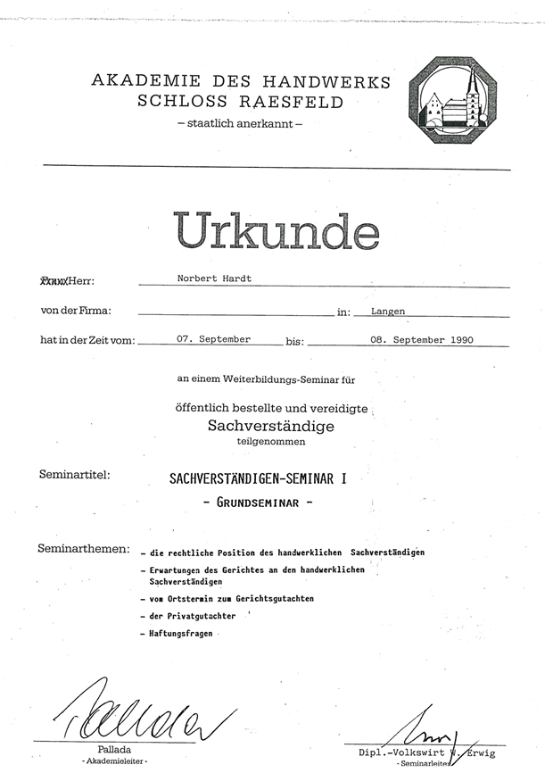Zertifikat Schloss Raesfeld