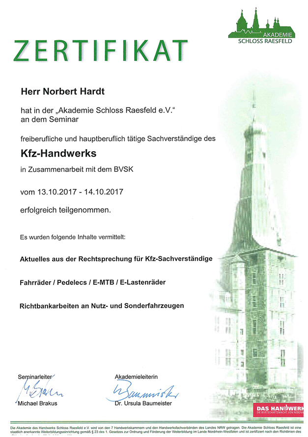 Zertifikat Schloss Raesfeld