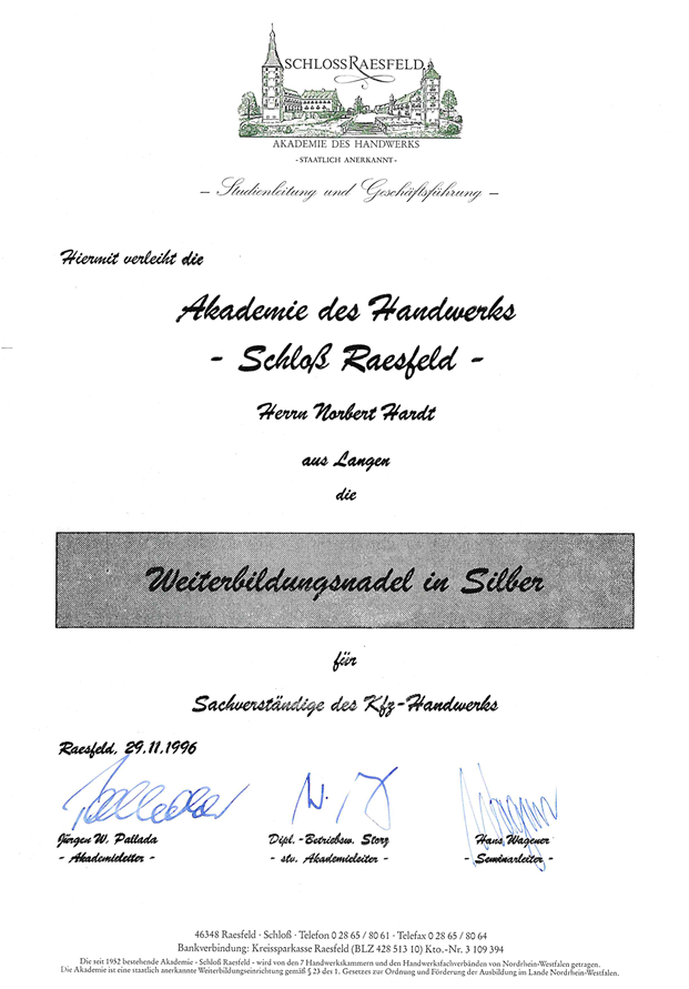 Zertifikat Schloss Raesfeld
