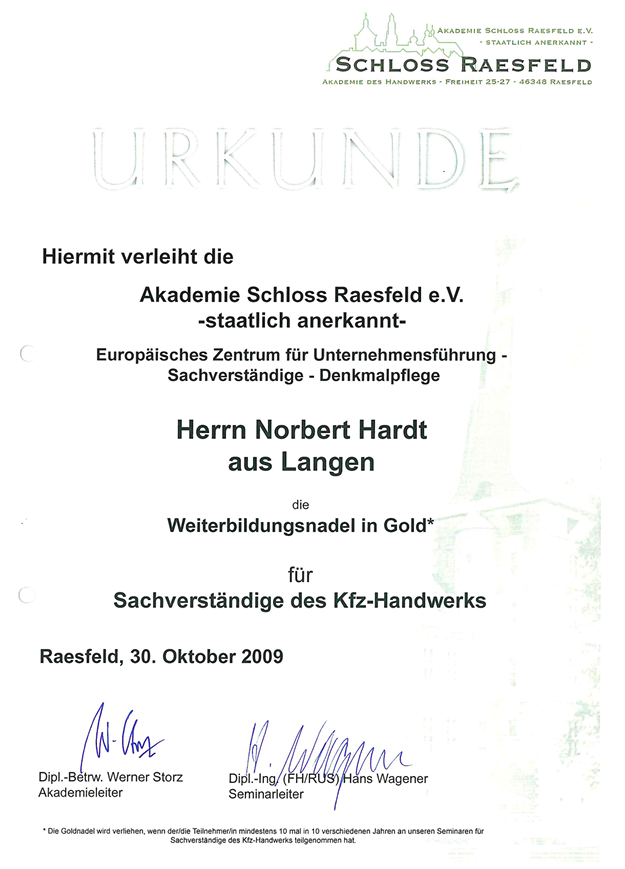 Zertifikat Schloss Raesfeld