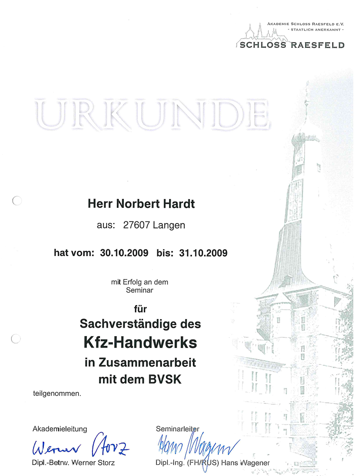 Zertifikat Schloss Raesfeld